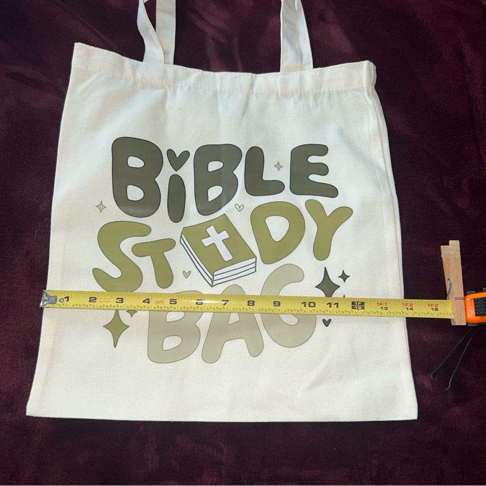 Bible Study Tote Bag, green logo print 15x14’ off white - Picture 2 of 4